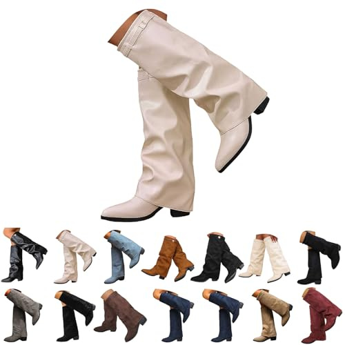 Stivali Donna Invernali Autunnali, Texani Cowboy Stivaletti Alti, Stivali al Ginocchio Donna, Stivaletti con Tacco Punta, Stivaletto Wide Fit con Plateau, Fold Over Boots Marroni