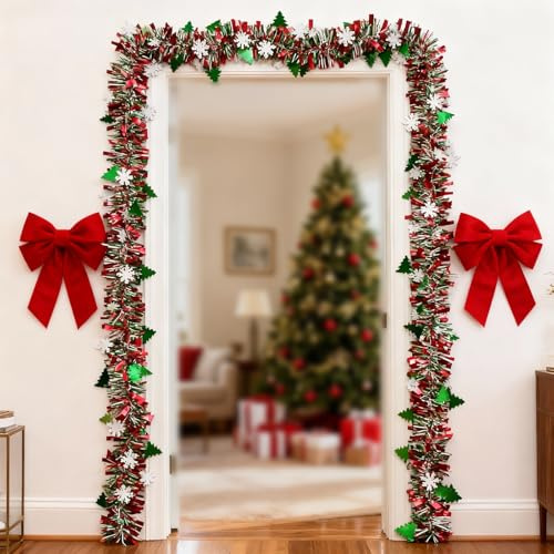 ZZOWDIW 2m Künstliche Weihnachtsgirlande mit Schneeflocken und Rotem Band Üppig Dekorierte Grüne Girlande mit Weißen Akzenten für Tür, Fenster & Wanddeko, Festliche Indoor Deko (1 Stück)