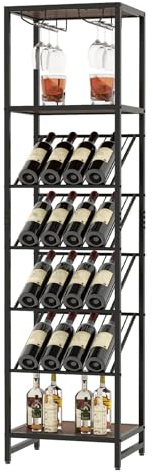 COSTWAY 7-Tier Wine Rack Freestanding Floor, 16 Bottles Wine Holder Display Storage Shelves with Glass Holder & Anti-toppling Design, Liquor Stand Bar Cabinet for Kitchen, Pantry, Cellar