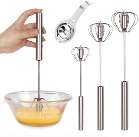 3 Pack Semi-Automatic Egg Whisk Beater – Premium Stainless Steel Mini Hand Whisk for Baking, Whisking, and Stirring – Effortless Egg Beater and Rotating Mixer, with Egg Separator