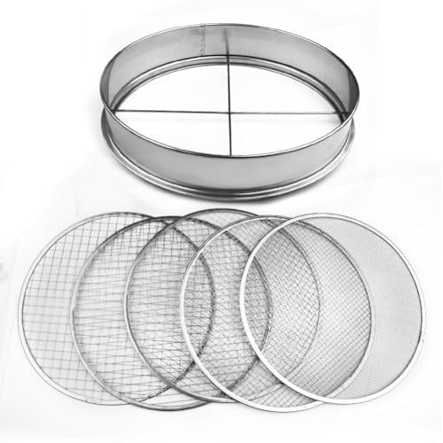 NiuLumea Setaccio per terreno da giardino in acciaio inox con 5 inserti in rete intercambiabili, 3 mm, 6 mm, 9 mm, 10 mm, 12 mm, compost, bonsai, diametro 30 cm