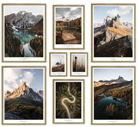 ARTFAVES® Poster Set - THE DOLOMITES - mehrteilige Wanddeko Wohnzimmer & Schlafzimmer - 8 moderne Wandbilder Dolomiten, Berge, Süd Tirol, Wandern - mit Rahmen Eiche-Optik