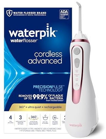 Waterpik Cordless Advanced 2.0 Water Flosser For Teeth, Gums, Braces, Dental Care With Travel Bag and 4 Tips, ADA Accepted, Rechargeable, Portable, and Waterproof, Rose Gold WP-589, Packaging May Vary