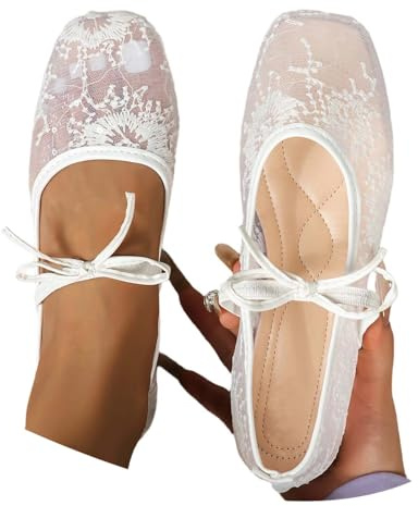 Ballerinas Women's Elegant Breathable Comfortable Slip On Summer Shoes Sporty Dance Shoes with Lacing White Balerina Shoes Lightweight Slip On Mary Jane Shoes Lace Fabric Flat Shoes, White, 6 UK