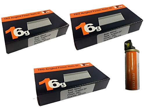38mm + 45mm + 50mm 16g Angled Nails, 3 x 500 Pack + 1 x Fuel Cell for Paslode