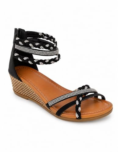 Sandales Femme Été Compensées Confort Élégantes Brides Tressées Strass – Chaussures Femme Légères Zip – Du 36 au 44