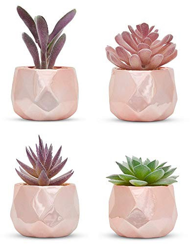 Nordik 4er Set Schreibtisch Pflanzen in Rosegold - Büro Dekor für Frauen Innen Wohnzimmer Schlafzimmer Zuhause Schreibtisch Dekor - Rosa Faux Sukkulenten Geometrische Keramik Pflanzgefäße