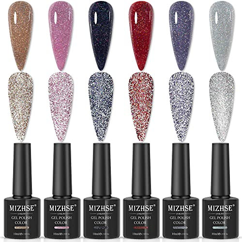 MIZHSE Reflective Glitter Gel Nail Polish Sparkling Diamond Gel Shiny Glitter Nail Art Varnish Manicure Kit Soak Off UV/LED Professional Nail Salon Kit