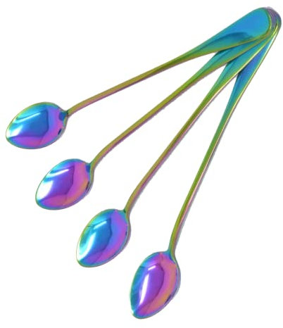Glamified Latte Spoons, Pack of 4 Rainbow Long Handles Spoon for Coffee, Ice-Cream, Stainless Steel Teaspoon, Hot Drinks, Dessert & Ice Cream