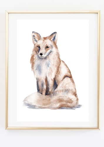 Din A4 Kunstdruck ohne Rahmen - Sitzender Fuchs - Waldtier Natur Aquarell Druck Poster Bild