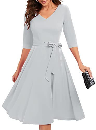 Bbonlinedress Damen Kleider elegant 3/4 arm V-Ausschnitt Midi Rockabilly Kleider Winter Abendkleid lang Festliche Kleider mit Taschen Silver S