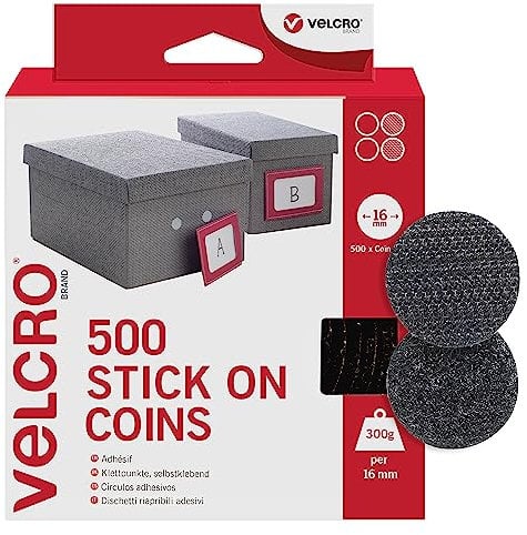 VELCRO Brand | Monete adesive | Doppio lato hook & loop, monete adesive autoadesive | Nero | 16mm x 16mm | Pacco da 500
