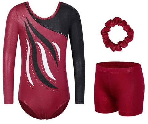 XFGIRLS Gymnastikanzug für Mädchen, langärmelig, funkelnd, Tanzen, ärmellos, Mädchen, Ballett, Gymnastik, Shorts, 3–15 Jahre, Weinrot, langärmelig, 13-14 Jahre