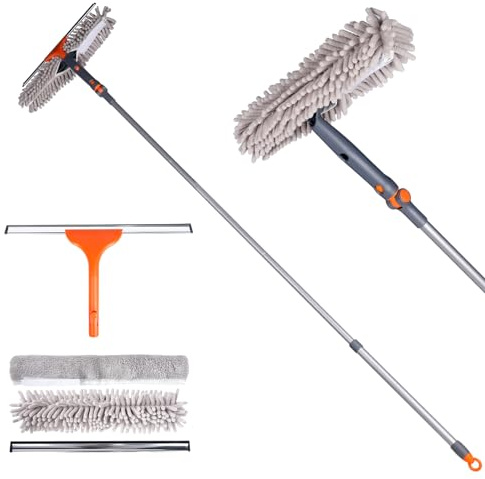 Chabatree Squeegee Window Cleaner Set 2-in-1 Multi-Surface Cleaning Tool with Extendable Pole, Detachable Microfiber Cloths Bendable Head for Indoor & Outdoor Glass for Car Indoor Outdoor High Windows