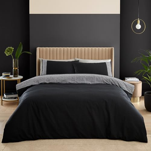 Catherine Lansfield Artemis Wende-Bettwäsche-Set mit Kissenbezügen, griechischer Schlüssel, für Kingsize-Bett, Schwarz