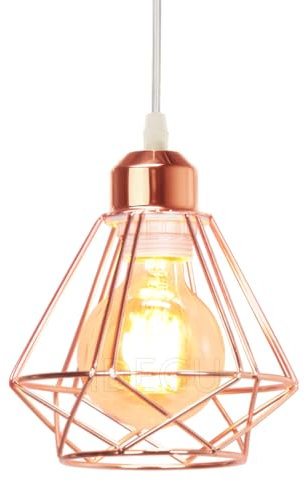 iDEGU Suspension Luminaire Vintage 16cm Lustre Plafonnier Industriel en Métal E27 Éclairage de Plafond Design Cage Abat-jour Rétro Lampe Suspension pour Couloir Cuisine Chambre (Or Rose)