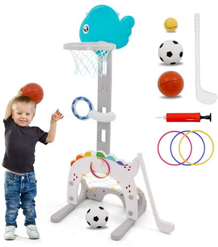 Kinder Basketballkorb 5 in 1 Höhenverstellbarer Basketballständer für Outdoor Indoor - Multifunktions Kleinkinder Basketball für Jungen Mädchen, Fußball, Golf, Ring Toss, Ball Toss