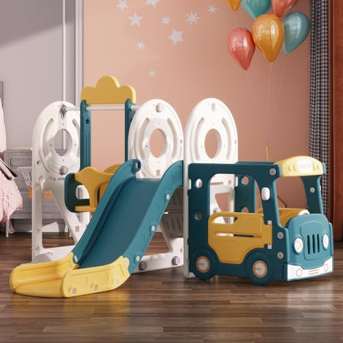 FUKEA Kids Bus Slide, Large Swing and Slide Set with Climbing Frame Basketball Hoop for Toddlers Age 1-3, Baby Swing Slide Indoor Outdoor Use, Garden Slides(Blue Yellow with Swing)