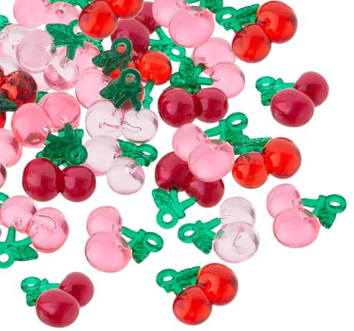 SUPERFINDINGS 56Pcs Fruit Charms 3D Resin Sweet Cherry Pendants 4 Colors Bead Food Charms Keychain Pendants Pure Pink Red for DIY Necklace Bracelet Earring Jewelry Making Crafting