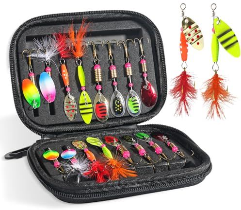 Syffvlo 16pcs Rooster Tail Fishing Lures, Spinner Baits Trout Lures Kit