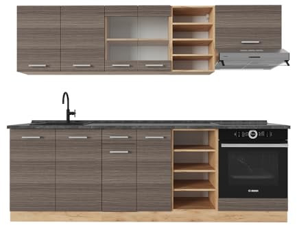 Vicco Küchenzeile R-Line, Edelgrau/Goldkraft Eiche, 240 cm, AP Anthrazit
