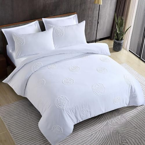 LYMA Bedding Duvet Cover Set Single Rose Tufted, OEKO-TEX Certified, Ultra Soft NanoPlush Double Brushed Quick Dry Fabric & Button Closure, Wrinkle Fade Resistant Quilt Cover with Pillowcases (White)