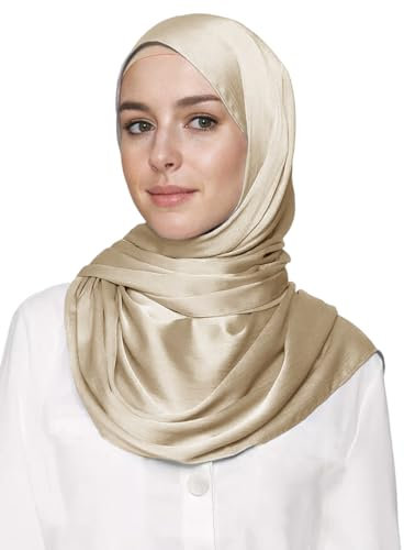 Lina & Lily Satin Hijab Kopftuch Schal für Muslimische Frauen in Knitteroptik (Beige)
