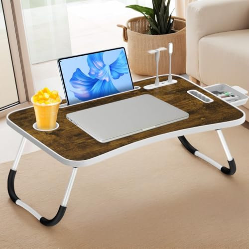 Huracan Laptop Tisch Betttablett Klappbar, Tragbares Laptoptisch für Bett, Lapdesk mit Schublade, Tassenhalter, Beleuchtet, bett tabletttisch Laptop-Schreibtisch für Sofa Boden (60*40cm, Vintagebraun)