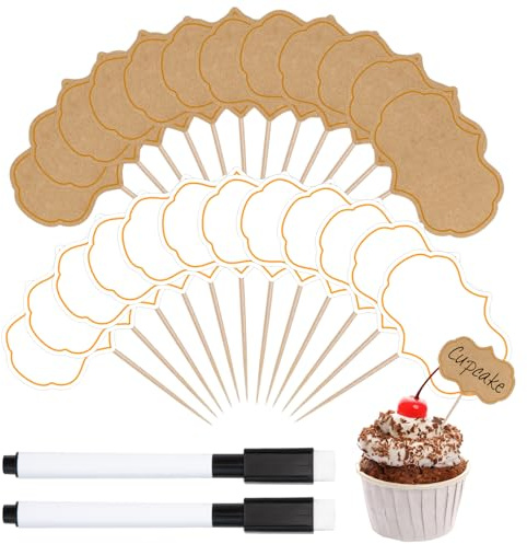 Sxutop 100 Stück Schilder Buffet, Fähnchen zum Beschriften Kuchen,mit Stift | Weiß und Kraftpapier, Kuchenschilder zum Stecken, zum Beschriften, Käse Marker, für Party, Kuchen, Lebensmittel Dekoration