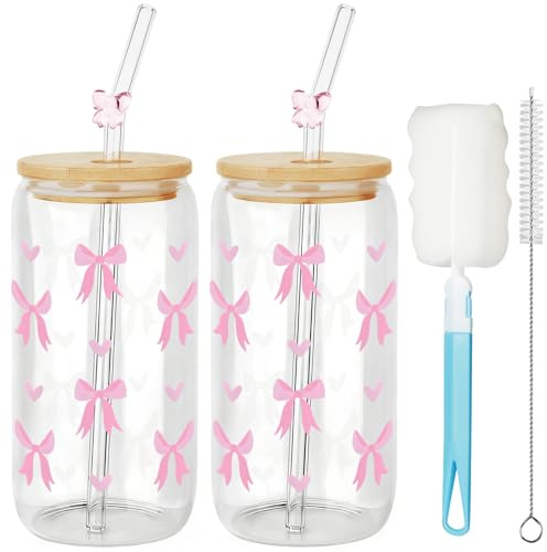 Mssushi 2 Verres Bow 500ml, Rose Nœud Cœur | Tasses Avec Couvercle Et Paille, Pour Boissons, Cadeau Esthétique