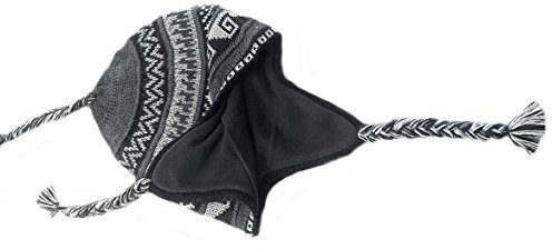 Alpacaandmore Unisex Chullo Mütze Strickmütze Alpakawolle dick gestrickt grau mit Vlies gefüttert Inka Muster Einheitsgröße