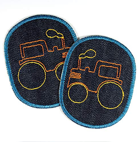 Knieflicken Traktor Jeans Flicken 10 x 8 cm Buegelflicken 2 Aufbügler für Jungs Bügelbilder bunt auf blau Hosenflicken zum aufbügeln Applikationen für Kinder patches, als Aufnäher verwendbar