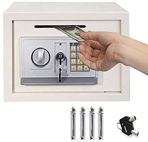 16L Digital Steel Safety Box Safe Electronic Security Coffer Safety Deposit Box 2 Manual Override Keys-Protect Money with Keypad Idea for Home Office Cash Money Passports White