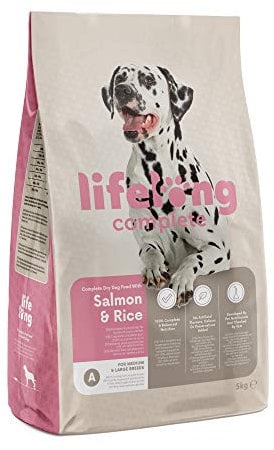 Amazon-Marke: Lifelong - Hundefutter für ausgewachsene Hunde (Adult) aller Rassen, Fein zubereitetes Trockenfutter mit Lachs und Reis, 5 kg (1er-Pack)