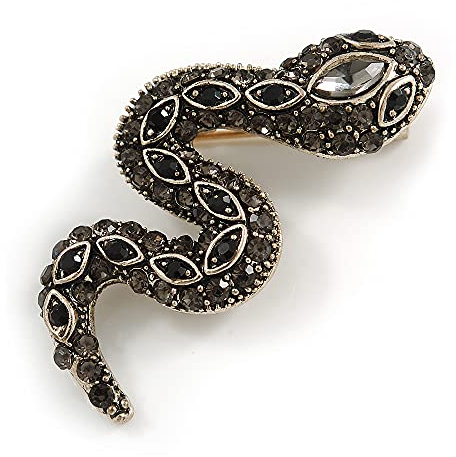 Petite broche serpent en cristal gris/noir en métal doré vieilli – 40 mm de long, taille unique, Pas de type de métal, diamante