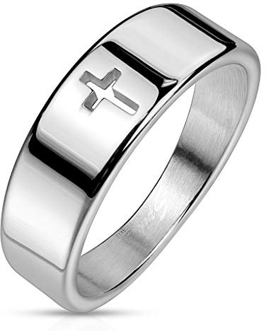 Paula & Fritz® Edel-stahlring Silber 6mm breit Jesus Kreuz Damen-Ring Herrenring Verlobungs-Ring Freundschaftsring Partnerring R-M7244_80