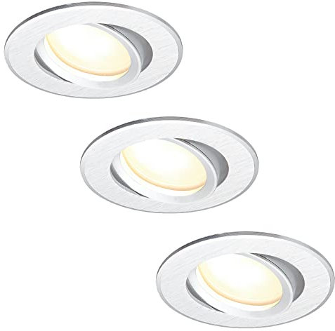 HCFEI 3er Set LED Einbaustrahler flach FLAT DIM 120° 230V 3W Warmweiß 3000K Einbauloch 68-75 mm, Silber gebürstet, Schwenkbar, Einbautiefe 25 mm