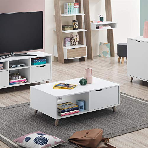 Timber Art Design UK Pulford Coffee Table with 2 Drawers and Open Storage Space Tea Table Top Modern Shelf Organizer Unit For Living Room, Home, Office, Bedroom in White, W100cm x H38cm x D60cm