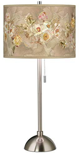 Giclee Glow 28 Tall Skinny Traditional Country Cottage Table Lamp Pull Chain Silver Brushed Nickel Finish Metal Single Floral Spray Shade Living Room Bedroom Bedside Nightstand House Office Home