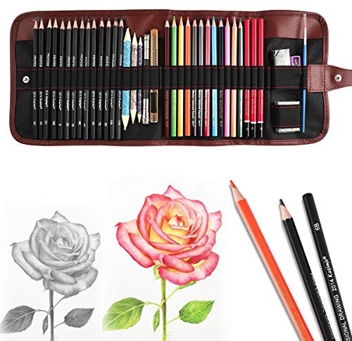 Zeichenstifte-Set, Stifte, Deckel des Skizzensets, Graphitstifte, Kohlestifte, Aquarellstifte, radierbar, Papier, Anfänger, Künstler, Kinder und Erwachsene, 39 Stück