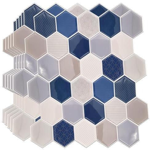 WALPLUS Honey Hexa Blue and Cream 12 Sheets Glossy 3D Hexagonal Tile Stickers 30x15cm Wall Splashbacks Vinyl Stick on Tiles Backsplash Peel and Stick Bathroom Kitchen Decor Tile Paint