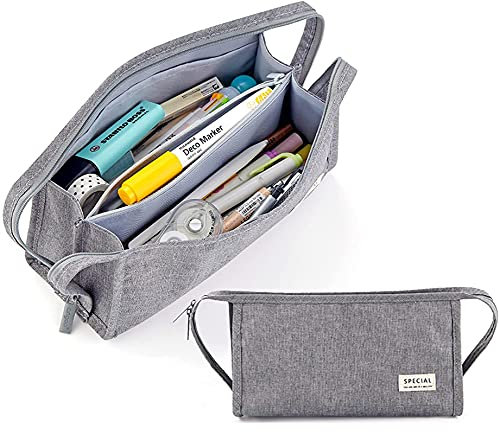 Federmäppchen mit großer Kapazität, für Teenager Mädchen und Jungen, 3 Fächer, Make-up-Tasche für Schule und Büro (grau)