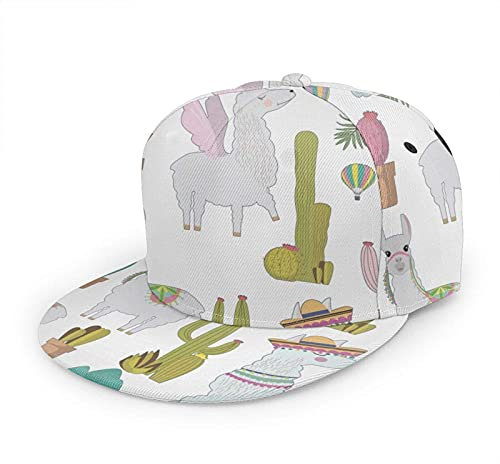 Oaieltj Unisex Baseball Cap Herren Damen Einstellbare Snapback Trucker Hat Mode Hip-Hop Baseball Cap, Faultier Lamas Kaktus Muster weiß, One size