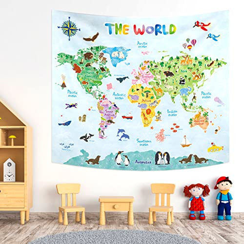 BASHOM TP-001 Große Tierweltkarte Wandteppich Kinder Wandteppiche Wandbehang für Schlafzimmer Wohnzimmer Wohnheim Art Home Decor Polyester 60x50 Zoll (150x130cm)