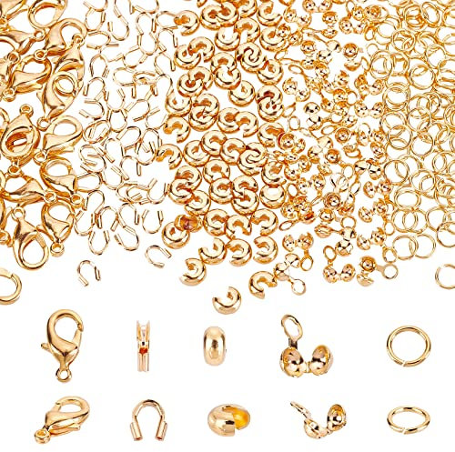 CREATCABIN 1 Box 270Pcs Jewelry Making Accessories Set 18K Real Gold Plated Lobster Clasps Jump Rings Bead Tips Crimp Knot Covers Wire Guardians for DIY Bracelets Necklaces Crafts Findings