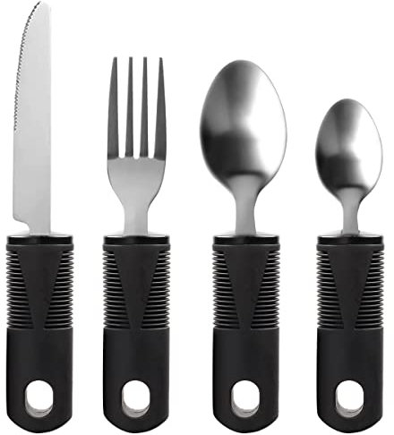 Maotrade 4-teiliges Easy Grip Besteck Set Gabel Teelöffel Esslöffel Messer Rutschfeste Griffe gegen Handzittern Nicht Gewichtet Adaptive Utensilien für Ältere Menschen Arthritis Parkinson Behinderte
