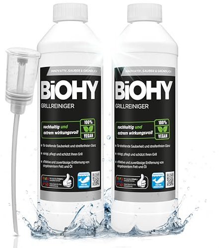 BiOHY Grillreiniger (2 x 500ml) + Dosierer | Reiniger für Holzkohle-, Gas- und Elektrogrill | Hocheffektiv gegen angebranntes Fett und Öl | Pflegt und schont das Material | Veganes Bio Konzentrat
