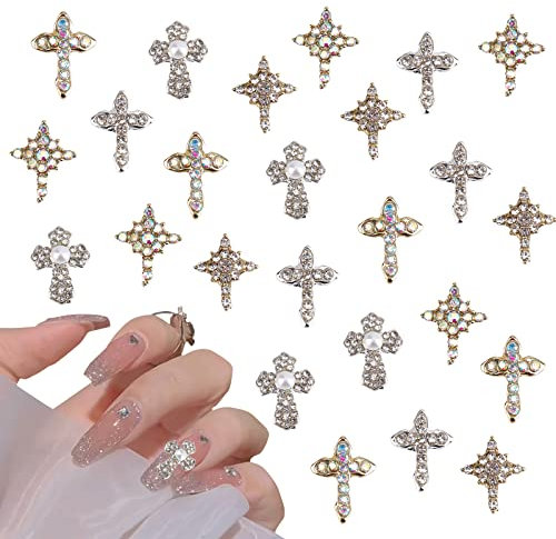 NICENEEDED 25Pcs 3D Cross Nail Rhinestones Set, Gold Silver Diamond Cross Nail Charms, Shiny Luxury Nail Art Gems Nail Decorations for Nail Art Jewelry Making(5 Styles)
