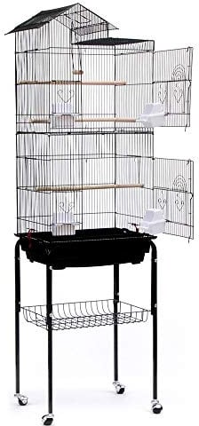 Käfig, Lieferung mit Zubehör und Halterung, Vogelkäfig, Vogelkäfig, tragbar, Dach zum Öffnen, Design für Wellensittiche, Nymphensittiche, Kanarienvögel, mit abnehmbarem Ständer, 46 x 35,5 x 158,5 cm