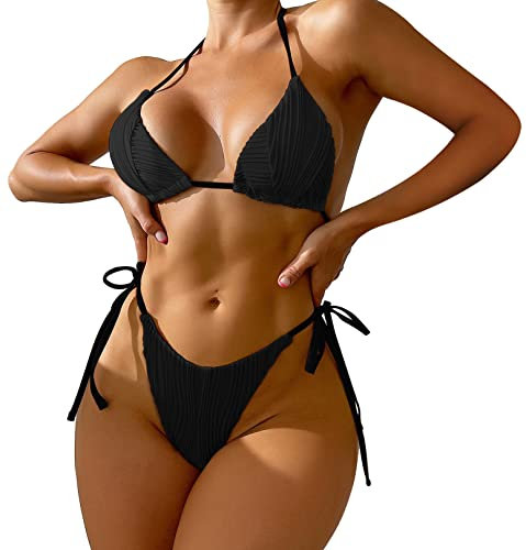 Maillots de Bain 2 Pièces pour Femme Bikini Rembourré Réglable Halter Triangle Bikini de Plage avec Taille Basse Brésilien String Bas de Bikini S
